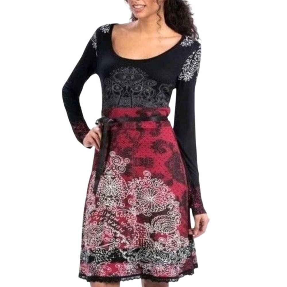 Desigual Lanoria Long Sleeve Midi Dress M Black Red White Mixed Media Whimsigoth
